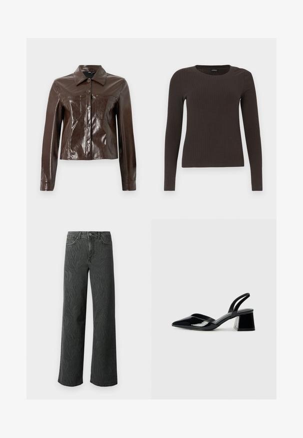 Jaqueta de couro sintético castanha com um design estruturado, apresentando colarinho, botões frontais e dois bolsos no peito. Textura suave e brilhante.; Top castanho de manga longa em malha com decote redondo. Feito de um material suave e elástico, apresentando um silhueta ajustada e detalhes mínimos.; Calças de perna larga em denim cinza escuro, apresentando uma textura sutil de padrão zebra, costura em contraste e um design de cinco bolsos com fecho de botão.; Sandy em verniz preto com salto slingback, ponta afilada e salto geométrico. Apresenta um design elegante e minimalista com textura suave.