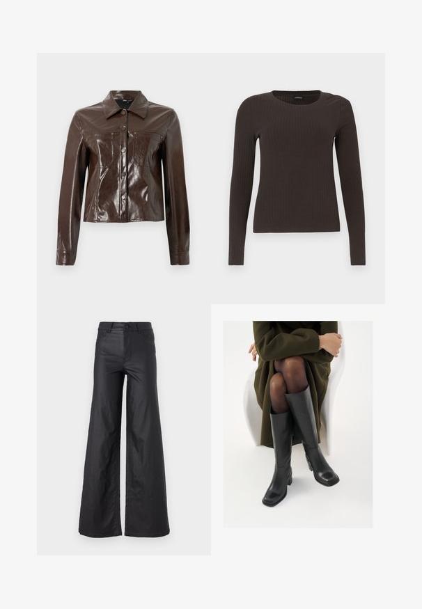 Braune Kunstlederjacke mit strukturiertem Design, ausgestattet mit einem Kragen, vorderen Knöpfen und zwei Brusttaschen. Glatte, glänzende Textur.; Braunes, langärmliges, geripptes Oberteil mit Rundhalsausschnitt. Hergestellt aus einem glatten, dehnbaren Material, mit einer taillierten Silhouette und minimalen Details.; Schwarze, weit geschnittene Hose aus einem Kunstledermaterial. Mit hoher Taille, Gürtelschlaufen, zwei Fronttaschen und genähten Details.; Knöchelhöhe schwarze Lederstiefel mit quadrater Spitze und Blockabsatz, gezeigt mit einem Modell, das einen olivgrünen Mantel trägt. Glatte Textur, minimale Details.