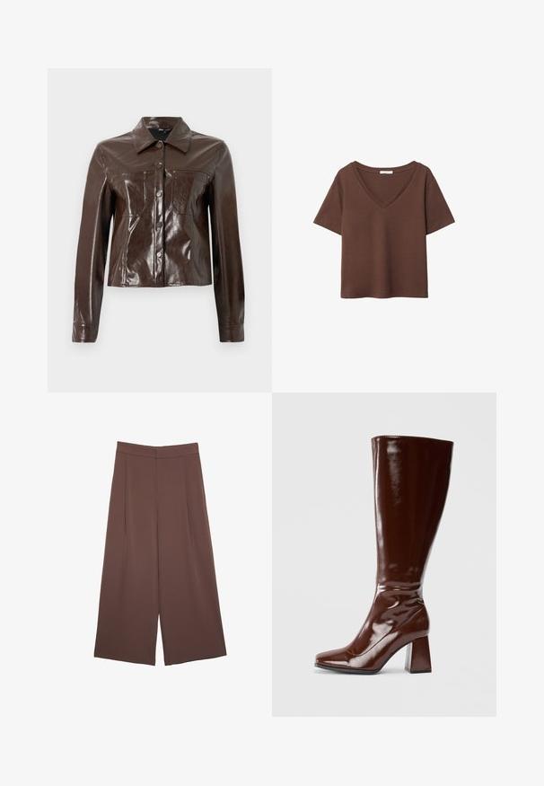 Giacca in ecopelle marrone con un design strutturato, dotata di collo, bottoni frontali e due tasche sul petto. Texture liscia e lucida.; T-shirt in cotone marrone con maniche corte e scollo a V profondo. Design semplice, texture morbida e orlo dritto. Senza fantasie o dettagli.; Pantaloni ampi marroni con una texture liscia, caratterizzati da una vita alta e pieghe frontali. Il tessuto è leggero e scorre liberamente.; Stivali marroni in pelle verniciata alti fino al ginocchio, con punta quadrata, finitura lucida e taccochunky per stabilità. Design senza soluzione di continuità senza hardware visibile.