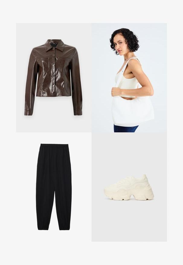 Ruskea tekonahkainen takki, jossa on rakenteellinen muotoilu, jossa on kauluspaita, etupainikkeet ja kaksi rintataskua. Sileä, kiiltävä pinta.; T-paita tummanruskeana lyhythihaisena, valmistettu sileästä ja joustavasta materiaalista, jossa on klassinen pyöreä kaula-aukko ja siistit ompeluyksityiskohdat.; Mustat, kevyet housut, joissa on joustava vyötärö ja kerätyt nilkat. Kangas on sileä ja siinä on rento, kapeneva muotoilu.; Paksut valkoiset lenkkarit, jotka on valmistettu teksturoidusta verkosta ja synteettisistä materiaaleista. Kenkäparissa on paksu pohja ja monimutkaisat kuviohuokoset sivuilla.; Valkoinen olkalaukku, joka on valmistettu sileästä materiaalista, ja siinä on soikioaukko sekä leveä olkaremmi. Yksinkertainen ja moderni, ilman näkyvää metalliosaa.