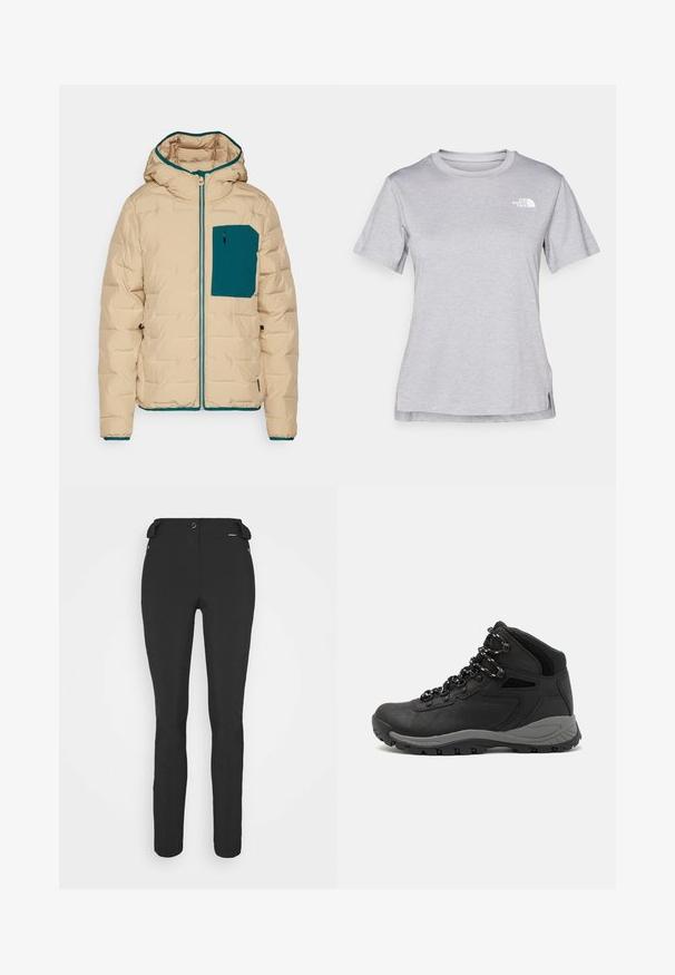 Beige pūkuotasis švarkas su žaliosios melsvos spalvos kapo pamušalu ir kišene. Savybės: pilnas užtrauktukas ir elastiniai rankogaliai šilumai ir komfortui.; Pilkas trumpomis rankovėmis marškinėliai, pagaminti iš minkštos, drėgmę sugeriančios medžiagos. Turi apvalią iškirptę ir mažą baltą logotipą viršutiniame kairiajame kampe.; Juodos, prigludusios kelnės, pagamintos iš lankstaus medžiagos. Ypatybės: šoninis kišenės užtrauktuku, suformuotos kelių sritys ir lygi tekstūra.; Juodas žygio botas su vidutinio aukščio dizainu, pasižymintis tekstūruota viršutine dalimi, pilkų akcentų ir patvaria guma padanga su sukibimo gumbais.