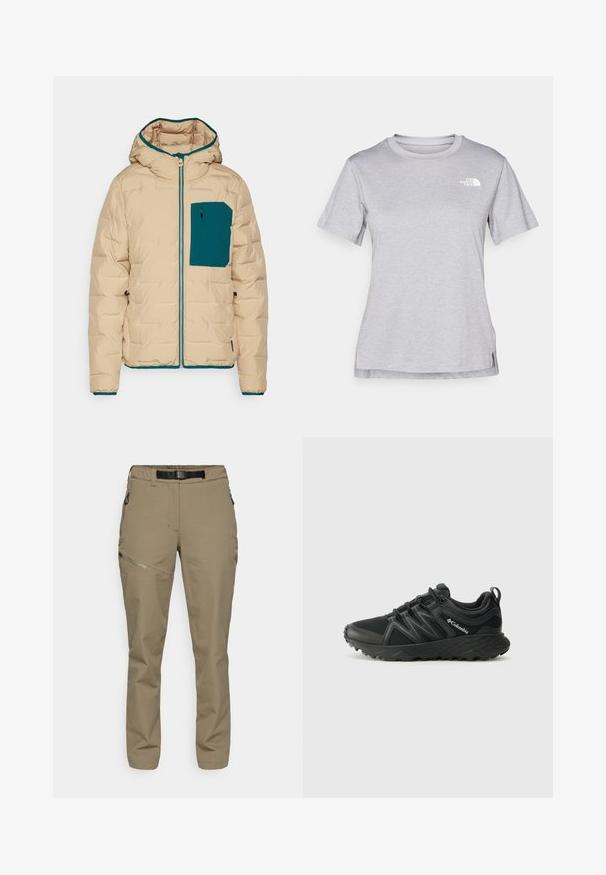 Bēšas polsterēta jaka ar tirkīza kapuces oderi un kabatu. Tajā ir pilna rāvējslēdzēja aizdare un elastīgas aproces siltumam un komfortam.; Pelēks īsām piedurknēm T-krekls, kas izgatavots no mīksta, mitrumu noturoša auduma. Tam ir apaļš kakls un neliels balts logo kreisajā augšējā stūrī.; Kaki krāsas āra bikses ar elastīgu jostu un melnu jostu. Tiek piedāvātas sānu rāvējslēdzēju kabatas un gluda, strukturēta auduma virsma.; Columbia PEAKFREAK - Pārgājienu apavi - black