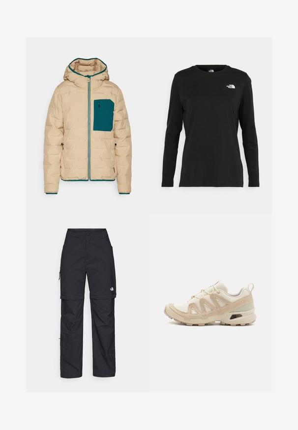 Giacca imbottita beige con foderatura del cappuccio in teal e tasca. Presenta una chiusura con zip completa e polsini elastici per calore e comfort.; T-shirt nera a maniche lunghe in cotone con colletto rotondo. Presenta un piccolo logo bianco sul lato sinistro del petto. Design semplice e vestibilità comoda.; Pantaloni cargo in nylon nero con zip rimovibile, polsini regolabili, molteplici tasche e un logo sulla gamba destra. Tessuto liscio e leggero.; Scarpa atletica beige e crema con tomaia in mesh testurizzato, sovrapposizioni supportive e suola in gomma con un motivo a tasselli per la trazione.