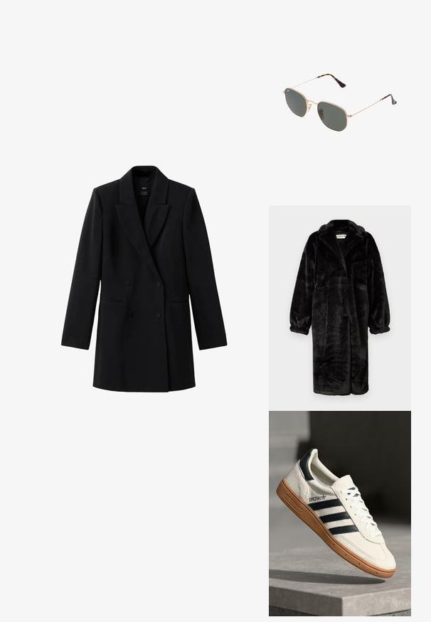 Čierny kabát z umelého kožuchu s uvoľneným strihom, širokými rukávmi a veľkými reverzami, s jemným textúrovaným povrchom a otvoreným predným dizajnom.; Čierny dvojradový blejzer vyrobený z textúrovanej látky. Má klopy s výrezom, dlhé rukávy a dve predné vrecká. Minimalistický dizajn.; Biele semišové tenisky s námorníckymi pruhmi, gumovou podrážkou, textúrovaným zvrškom, okrúhlou špičkou a šnurovaním; obsahujú označenie na boku a jazyku.; Zlaté slnečné okuliare s kovovým rámom a tmavozelenými šošovkami v aviator štýle, s úzkymi ramenami a mramorovými akcentami na koncoch.; Šedá syntetická taška so vstavanými dlhými uchami a zodpovedajúcou malou zipsovou taštičkou s strapcom. Hladký povrch so jemným vzorom.