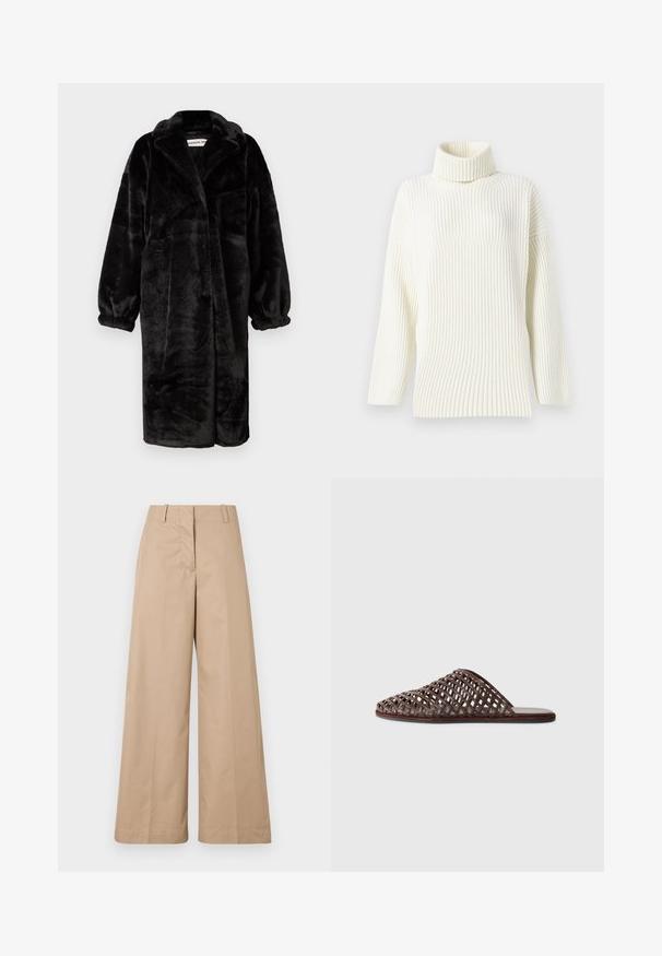 Melna mākslīgā kažokā ar brīvu piegriezumu, platām piedurknēm un lieliem apkakles galiem, ar mīkstu, teksturētu virsmu un atvērtu priekšpusi.; Krēmkrāsas ribota augstais kakls džemperis ar garām piedurknēm un brīvu piegriezumu. Mīksta tekstūra un bezšuvju dizains palielina tā komfortu.; Bežīgas plašas bikses ar gludu kokvilnas audumu, ar pielāgotu jostasvietu un plakanu priekšpusi, paredzētas brīvai piegulšanai un tīrām līnijām.; Brūni austs slaidu sandales ar noapaļotu pirkstu, atvērtu dizainu, plakanu zoli un teksturētu virsmu. Viegls materiāls un minimālistiska siluets.