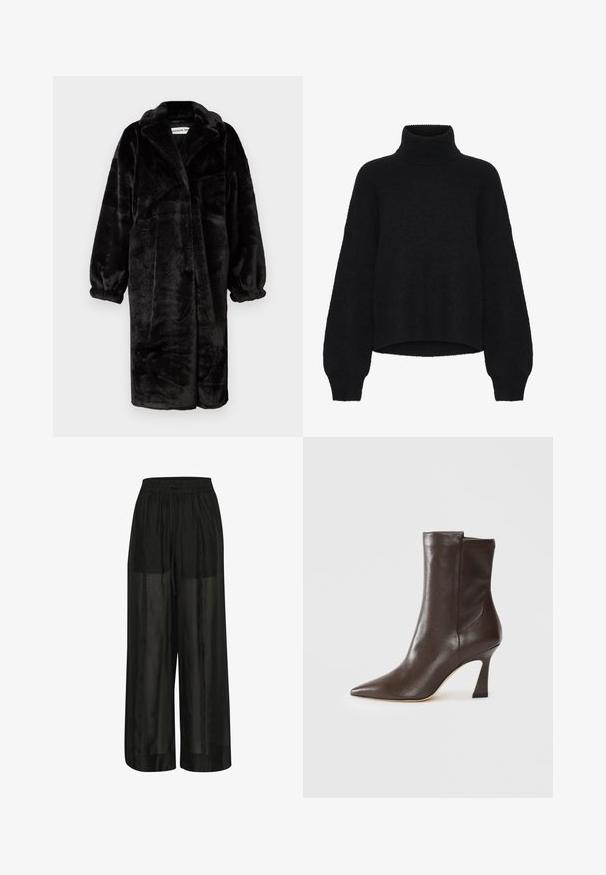 Must kase kunstkarusnahast jope, millel on mugav lõige, laiad varrukad ja suured kraed, millel on pehme, tekstuuriga pind ja avatud esikülg.; Must turtlenecki, millel on lühike disain ja mis on valmistatud kohevast kangast. Omab laiu varrukaid ja ribakujundust krael.; Mustad laiad mustad püksid, mis on valmistatud läbipaistvast kangast, elastse vöökohaga ja nööri reguleerimiseks, tagades mugava istuvuse ja sileda tekstuuri.; Tumepruun nahast keskajalgnik, millel on terav nina, kumer õhuke konts ja sile viimistlus valgel taustal.