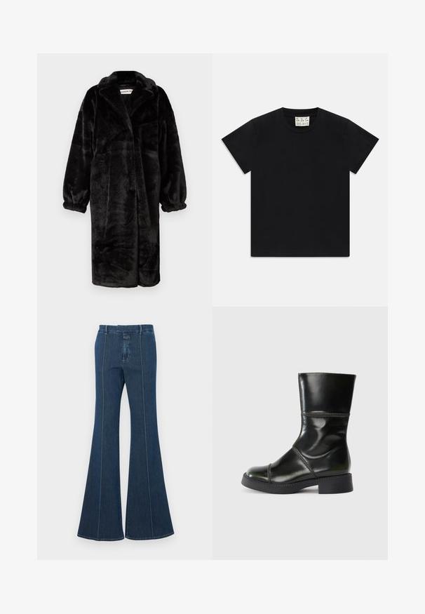 Casaco de pelúcia preto com um corte relaxado, mangas largas e lapelas grandes, apresentando uma superfície suave e texturizada e um design de frente aberta.; Camiseta preta de manga curta com decote redondo e uma etiqueta branca dentro do colarinho rotulada "D.R.C. EST. 2002" sobre um fundo branco.; Calças de ganga à boca de sino em azul escuro, com costuras estruturadas e um acabamento limpo. Apresenta uma cintura de altura média e pernas largas e fluidas.; Bota ankle em couro preto com bico arredondado, acabamento liso, costura em contraste e um salto bloco, apresentando uma silhueta ligeiramente afunilada.