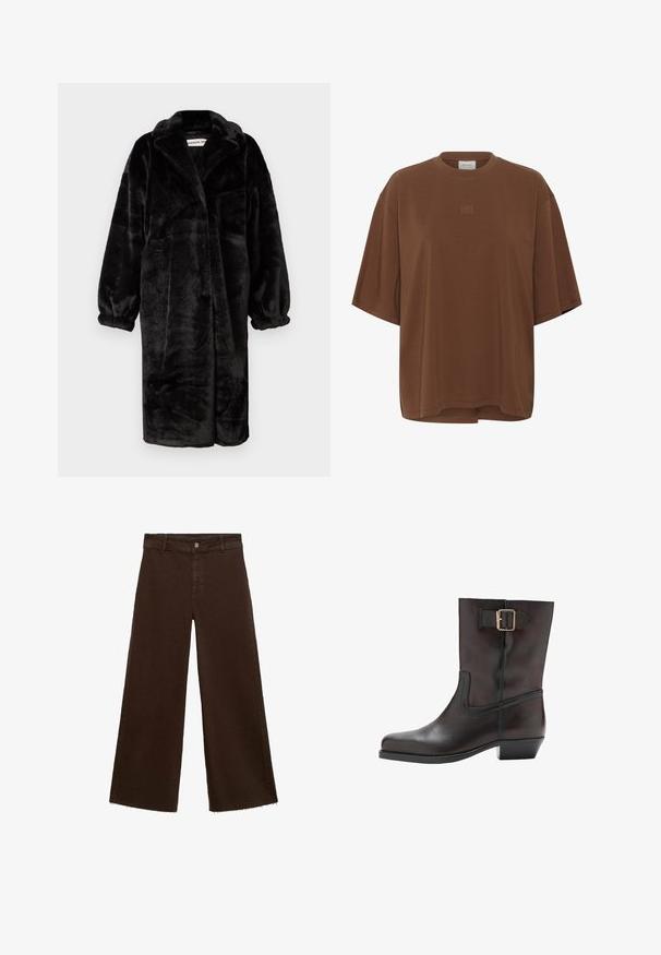 Palton negru din blană artificială, cu o croială lejeră, mâneci largi și rever mari, având o suprafață moale și texturată și un design cu fața deschisă.; Tricou maro oversize cu mânecă scurtă, guler rotund și broderie mică a logo-ului centrat pe piept.; Pantaloni largi maro dintr-un amestec de bumbac, cu un tiv desfăcut, închidere cu buton frontal și un design clasic cu cinci buzunare. Minimalist și versatil.; Botină neagră din piele, cu vârf rotund, toc mic pătrat, panou elastic lateral și un detaliu din aur pe brățara de la glezna.