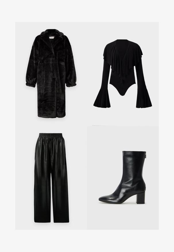 Fekete műszőrme kabát laza szabással, széles ujjakra és nagy hajtókára, puha, texturált felülettel és nyitott elülső kialakítással.; Fekete, hosszú ujjú body, mély V-nyakkivágással, rétegzett fodros díszítéssel a mellkasnál és harangujjakkal. Simább, rugalmas anyag.; Fekete bőr széles szárú nadrág, rugalmas derékkal, két oldalsó zsebbel és sima, fényes textúrával.; Fekete bőr bokacipő hegyes orral és 4 cm-es blokkfallal. Simán díszített designja oldalra nyíló cipzárral rendelkezik, ami megkönnyíti a felvételt. Simább textúrával.