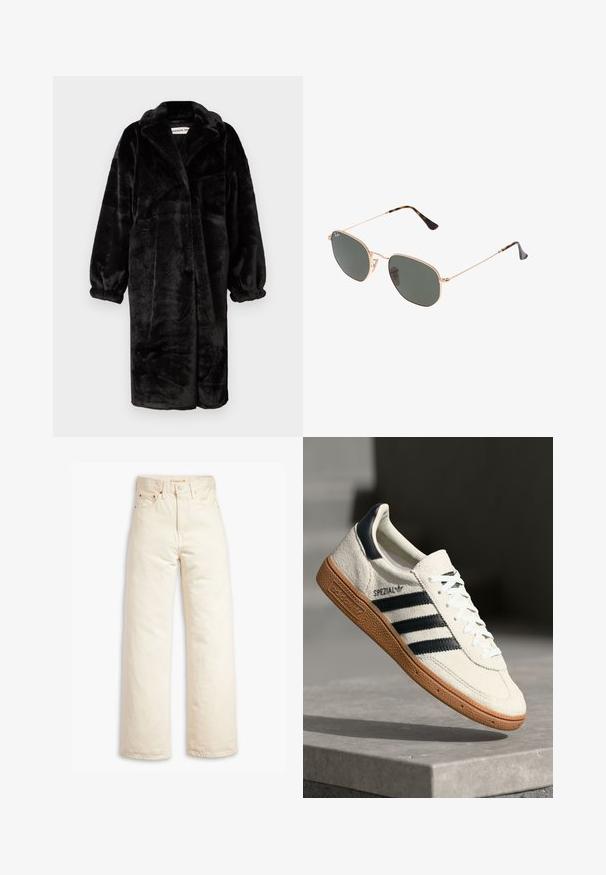 Schwarzer Kunstpelz-Mantel mit lockerer Passform, weiten Ärmeln und großen Revers, ausgestattet mit einer weichen, strukturierten Oberfläche und einem offenen Design.; Weißes Langarmoberteil mit weitem Ausschnitt, seitlichen Schlitzen und einem glatten, leichten Stoff, das ein einfaches, minimalistisches Design aufweist.; Beige weite Jeans aus Baumwoll-Denim. Merkmale umfassen eine hohe Taille, Knopfverschluss und Fünf-Taschen-Design. Glatte, langlebige Textur.; Weiße Wildleder-Sneaker mit marineblauen Streifen, Gummisohle, strukturiertem Obermaterial, runder Zehenform und Schnürung; mit Branding an der Seite und auf der Zunge.; Goldfarbene Metallrahmen-Sonnenbrillen mit dunkelgrünen Gläsern im Pilotenstil, mit schlanken Bügeln und Schildpatt-Akzenten an den Spitzen.
