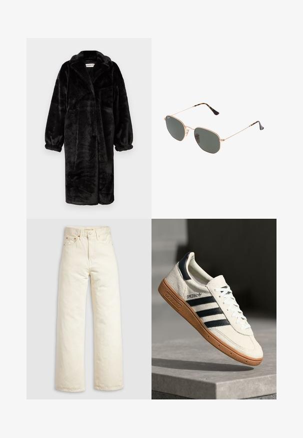 Abrigo de piel sintética negra con un corte relajado, mangas anchas y amplios solapas, que presenta una superficie suave y texturizada y un diseño de frente abierto.; Top blanco de manga larga con escote amplio, aberturas laterales y una tela suave y ligera, que presenta un diseño simple y minimalista.; Pantalones vaqueros de pierna ancha en denim color blanco roto, con cintura alta, remaches de cobre y diseño clásico de cinco bolsillos. Tejido texturizado con dobladillos limpios.; Zapatilla de ante blanca con franjas en azul marino, suela de goma, parte superior texturizada, puntera redonda y cordones; presenta una marca en el lateral y en la lengüeta.; Gafas de sol de metal dorado con lentes verde oscuro, estilo aviador, con patillas delgadas y acentos de carey en los extremos.; Bolso de hombro de ante marrón con forma curva, costuras en contraste, detalles en hardware dorado y un bolsillo delantero con cremallera.