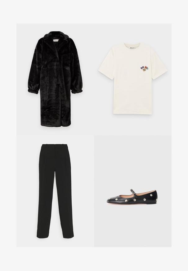 Czarny płaszcz z futra ekologicznego o luźnym kroju, szerokich rękawach i dużych wyłogach, z miękką, teksturowaną powierzchnią oraz otwartą konstrukcją z przodu.; Kremowy bawełniany t-shirt z okrągłym dekoltem i krótkimi rękawami. Posiada haftowane kwiaty w kolorze fioletowym, brązowym i pomarańczowym na lewej piersi.; Czarne spodnie o dopasowanym kroju z prostymi nogawkami, z wysokim stanem, fałdami i gładką fakturą materiału.; Czarne skórzane buty typu Mary Jane na płaskim obcasie z zaokrąglonym czubkiem, ozdobione srebrnymi okrągłymi ćwiekami oraz regulowanym paskiem z klamrą.