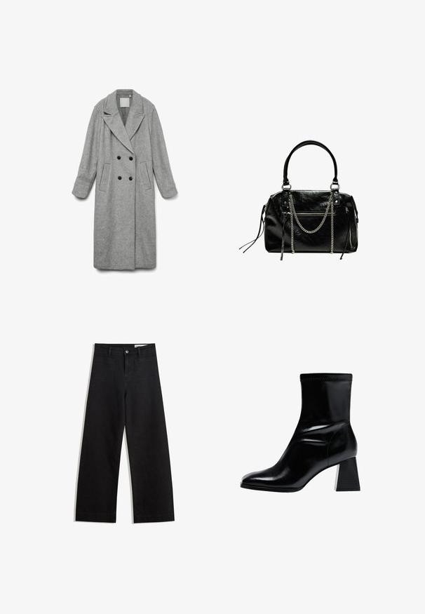 Cappotto lungo in misto lana grigio con chiusura doppiopetto, ampi rever, due tasche frontali e una vestibilità leggermente oversize.; Maglione nero a maniche lunghe in maglia con spalle imbottite e polsini e orlo a coste, mostrato su uno sfondo bianco.; Pantaloni in denim neri a gamba larga con vita alta, dotati di tasche anteriori e posteriori, cuciture a punto, e chiusura con bottone. Texture liscia.; Stivaletto nero realizzato in pelle liscia. Presenta un tacco a blocco con un motivo testurizzato a righe e un design della punta affusolato e elegante.; Bershka WITH CHAIN - Borsa a mano - black