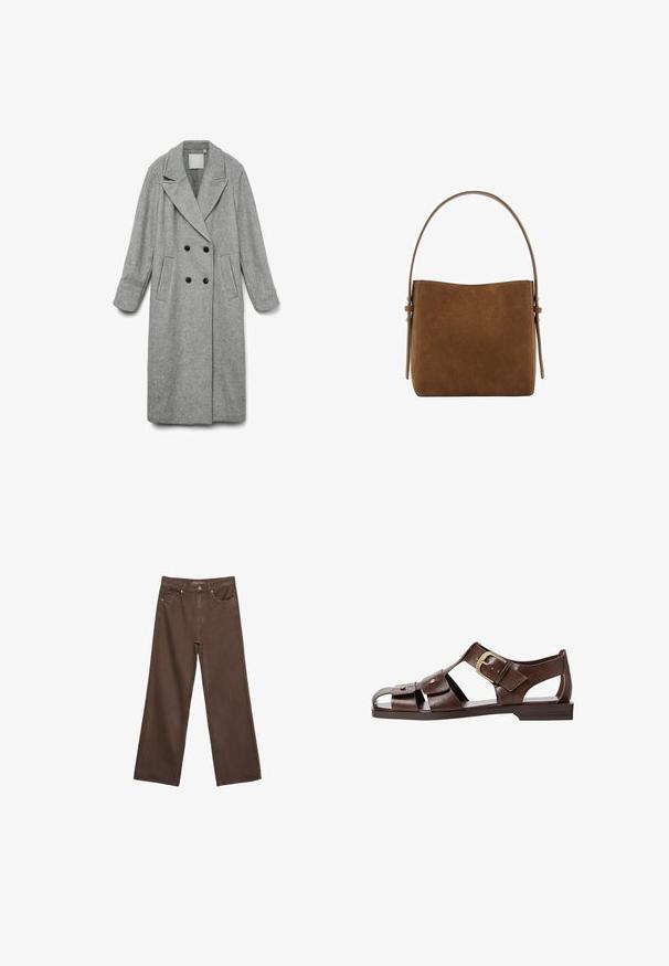 Cappotto lungo in misto lana grigio con chiusura doppiopetto, ampi rever, due tasche frontali e una vestibilità leggermente oversize.; Maglietta a maniche corte marrone realizzata in tessuto morbido, con scollatura rotonda e vestibilità rilassata. Nessun motivo o dettaglio visibile.; Jeans a gamba larga marroni in denim, con vita alta, tasche anteriori e chiusura a bottone classica. Tessuto liscio con cuciture sottili.; Sandal in pelle marrone con un design a intaglio, cinturino laterale regolabile e suola piatta, con dettagli metallici e punta aperta.; Mango Borsa a mano - brown