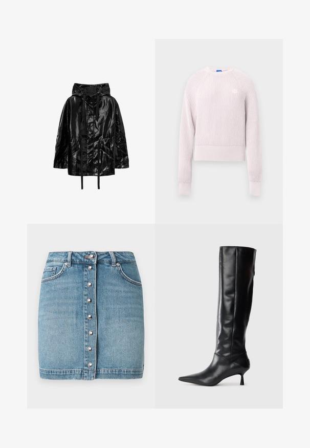 Giacca nera, lucida e impermeabile con cappuccio, dotata di cordoncini e due tasche anteriori, con vestibilità rilassata e texture liscia.; Maglione corto rosa chiaro con texture a coste, collo rotondo e maniche lunghe. Presenta un piccolo logo sul petto.; Minigonna di denim azzurro chiaro con chiusura frontale a bottoni con ferramenta argentata, due tasche frontali e orlo sfrangiato.; Stivale in pelle nera alto fino al ginocchio con punta affusolata e tacco sottile e curvato. Texture liscia, design aderente e senza hardware o motivi visibili.