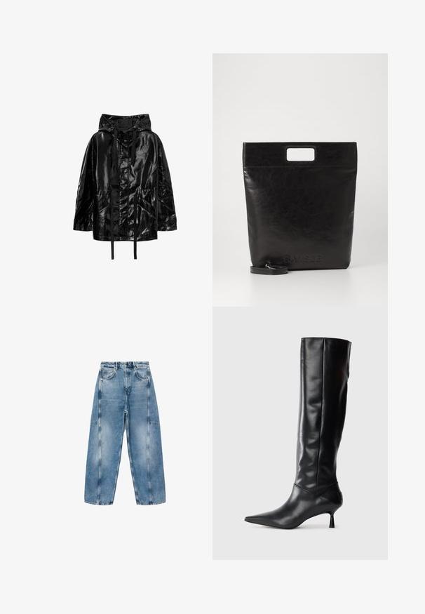 Giacca nera, lucida e impermeabile con cappuccio, dotata di cordoncini e due tasche anteriori, con vestibilità rilassata e texture liscia.; Felpa bianca corta con maniche lunghe, caratterizzata da un motivo a catena e cuori in filo metallico lungo il colletto e le spalle.; I jeans in denim azzurro chiaro presentano una vestibilità rilassata, ampie tasche e cuciture a contrasto. Il tessuto ha una finitura scolorita con una texture liscia.; Stivale in pelle nera alto fino al ginocchio con punta affusolata e tacco sottile e curvato. Texture liscia, design aderente e senza hardware o motivi visibili.; Borsa tote in pelle nera con manico quadrato, caratterizzata da una finitura testurizzata e logo impresso. Include una tracolla rimovibile.