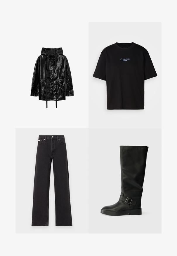 Juodas, blizgus, vandeniui atsparus švarkas su gobtuvu, turintis raištelius ir dvi priekinės kišenes, su atsipalaidavusiu siluetu ir lygiu tekstūru.; Juodas medvilnės marškinėliai su apykakle, trumpomis rankovėmis ir mėlynai siuvinėtu "Calvin Klein JEANS" logotipu priekyje.; Juodos plačios kojų džinsai, pagaminti iš džinsinio audinio, su aukštu liemeniu, penkių kišenių stiliumi ir metaline sagte su kontrastingo siuvimo detalėmis.; Juodi iki kelių batai, pagaminti iš lygaus odos, su apvalia nosimi, storu padu ir horizontalia juosta su stačiakampiu sagties akcentu.