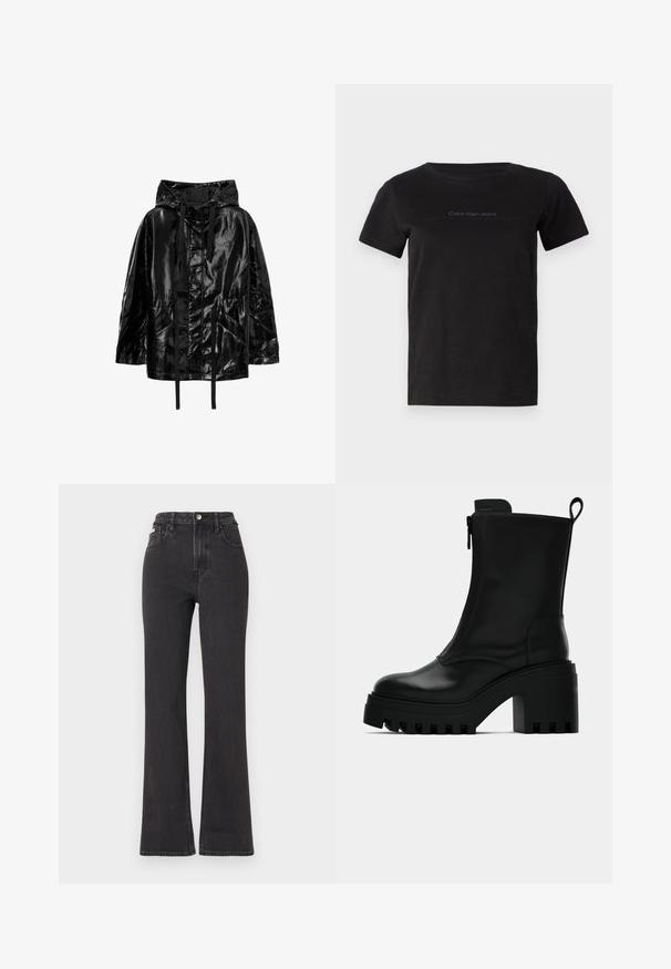Črna, sijoča, vodoodporna jakna s kapuco, ki ima vrvice in dve sprednji žepki, sproščenega kroja in gladke teksture.; Črna bombažna majica s krožnim izrezom in kratkimi rokavi. Ima subtilno blagovno znamko v sivi barvi na predelu prsij.; Črne kavbojke s visokim pasom in razširjenimi hlačnicami, narejene iz denima, z gumbom za zapiranje, zankami za pas in stranskimi žepi. Gladka tekstura z minimalnim bledenjem.; Črne usnjene gležnarske škornje z debelim profilom, blok peto, stranskim zadrgo in zanke na zadnji strani na enobarvni beli podlagi.