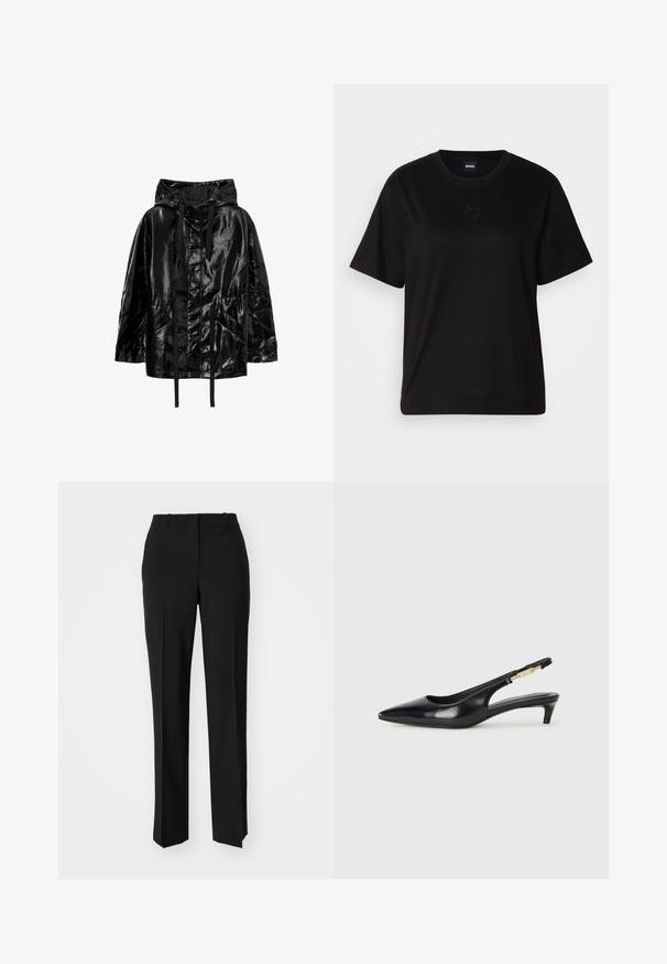 Sort, skinnende, vandtæt jakke med hætte, der har snoretræk og to forlommer med en afslappet pasform og glat tekstur.; Sort bomulds t-shirt med rund halsudskæring, korte ærmer og et broderet logo på brystet. Enkel, afslappet pasform uden mønstre.; Sorte skræddersyede bukser med lige ben-design, der har en glat tekstur og skarpe folder langs fronten. Ingen synlige hardware.; Sorte læder slingback hæle med spids tå, der har en slank hæl og en guldfarvet detalje på den justerbare rem. Glat tekstur.