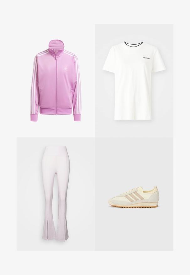 Ružová prešívaná bunda na zips s vysokým golierom, biele pruhy pozdĺž rukávov a malé biele logo na hrudi. Hladká, ľahká tkanina.; Biela bavlnená tričko s krátkymi rukávmi a okrúhlym výstrihom. Obsahuje čierne logo Adidas na hrudi a kontrastný čierny vnútorný golier.; Svetloružové rozšírené nohavice s vysokým pásom, s hladkou textúrou a rozparkom na spodnej časti. Vyrobené z elastického, priliehavého materiálu.; Krémové športové tenisky s tromi béžovými pruhmi, z kombinácie semišu a textilného materiálu, so štruktúrovanou podrážkou a reliéfne navrhnutým logom na päte.