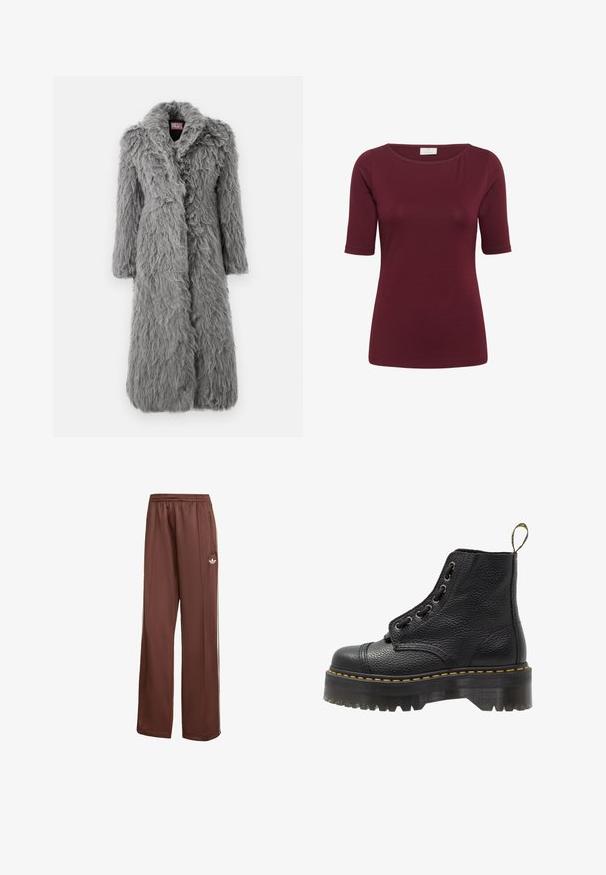 Sivko krzno z teksturirano, puhasto zunanjostjo, dolgi rokavi in širokim ovratnikom. Ima sprednje odpiranje brez vidnih zakovic.; Kaffe YOKO BOATNECK - Navadna majica - zinfandel; BROWNATE HLAče ZA ŠPORT S SPROŠČENIM KROJEM. Narejene iz gladkega materiala, z bočnimi žepi, belimi črtami in majhnim belim logotipom na stegnu.; Črne usnjene gležnjarje z teksturirano površino, okroglo prsti, vezalkami, rumenim šivom in debelim, rebrastim črnim podplatom.