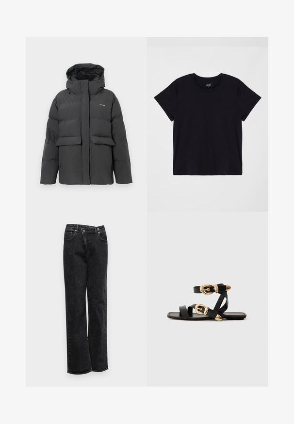 Casaco de inverno acolchoado preto com capuz, bolsos frontais com aba e fecho de correr completo, exibido contra um fundo branco liso.; Camiseta preta de manga curta feita de algodão macio. Design clássico de gola redonda com uma superfície simples e despretensiosa e um ajuste relaxado.; Calças de ganga pretas com corte de perna reta, apresentando fecho de botão, cinco bolsos, textura subtil e bainhas não esticadas.; Sandálias de couro pretas com detalhes em fivela dourada, apresentando várias tiras e um design de sola plana para uso à vista.