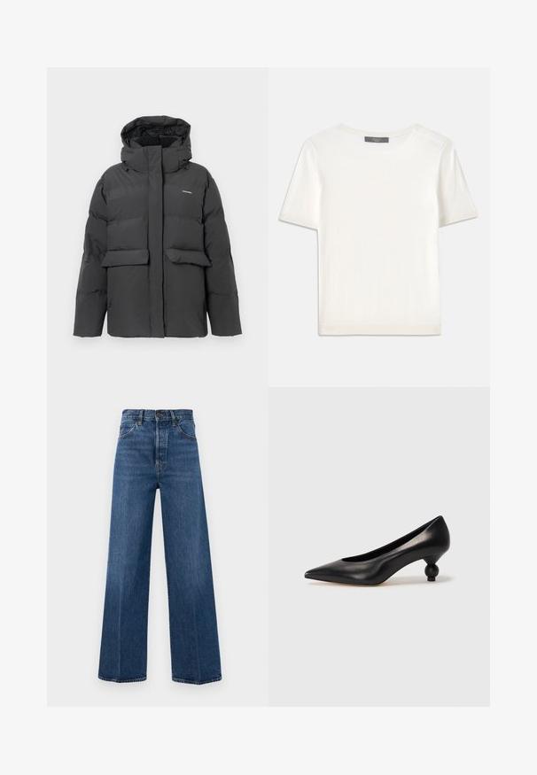 Zwarte gewatteerde winterjas met kap, voorzakken met klep en volledige rits sluiting, weergegeven tegen een effen witte achtergrond.; Witte gebreide top met korte mouwen en een ronde halslijn, met een gladde textuur en subtiele ribgebreide accenten bij de mouwen en de zoom.; Wijd-uitlopende blauwe jeans van denim met een hoge taille, voorzakken en contrasterende stiksels. De stof heeft een zachte textuur.; Zwarte leren hoge hak schoen met een spitse neus en een ronde, bolle hak. Gladde textuur met een elegant, minimalistisch ontwerp.