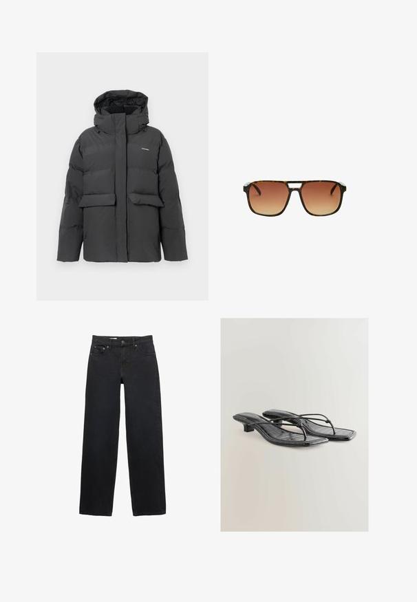 Svart vadderad vinterjacka med huva, framfickor med lock och full dragkedjestängning, visad mot en enkel vit bakgrund.; Svart långärmad tröja i ribbat tyg. Den har en rund halsringning och en figurnära passform utan synliga mönster eller dekorationer.; Svarta jeans med vida ben, tillverkade av denim, med fem fickor, knäppning, diskret sömnad och rak skärning från midja till fåll.; Svarta lackade faux läder sandaler med klack, fyrkantig tå, tunna remmar och detaljer i krokodiltextur. Design med låg blockklack.; Skalbagge solglasögon med en rektangulär ram, bruna gradientlinser och en distinkt silverdetalj på näsbron.; Svart läderhandväska med en texturerad yta, utrustad med två ovandelar, en avtagbar axelrem och en detalj med silverlås.