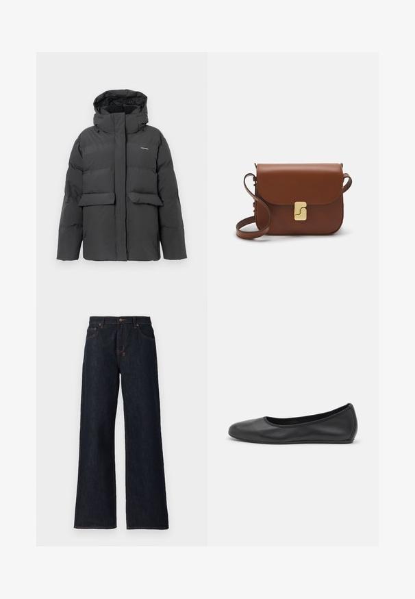 Black padded winter jacket with hood, front flap pockets, and full zipper closure, displayed against a plain white background.; White short-sleeve t-shirt made of ribbed fabric. Round neckline, regular fit, and subtle stitching details. No patterns or graphics.; Dark blue wide-leg jeans made of denim, featuring orange stitching, two front pockets, and a button closure at the waistband.; Black leather ballet flat with a rounded toe, smooth texture, minimal stitching detail, and a flexible sole design.; Brown leather handbag with a flap closure, gold-tone hardware, a shoulder strap, and a smooth texture. Compact rectangular shape.