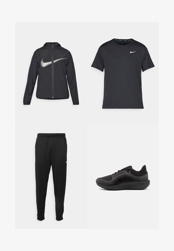 Black athletic jacket with a hood, features a white Nike logo on the front, made of lightweight material, zippered front, and elastic cuffs.; Black Nike running T-shirt made of lightweight, breathable material, featuring short sleeves and a small white logo on the chest.; Black athletic pants made of smooth fabric, featuring an elastic waistband, tapered legs, and a small white logo on the left side.; Black athletic shoe with a textured quilted upper, sleek design, and black rubber sole. Features a visible logo and Gore-Tex branding.