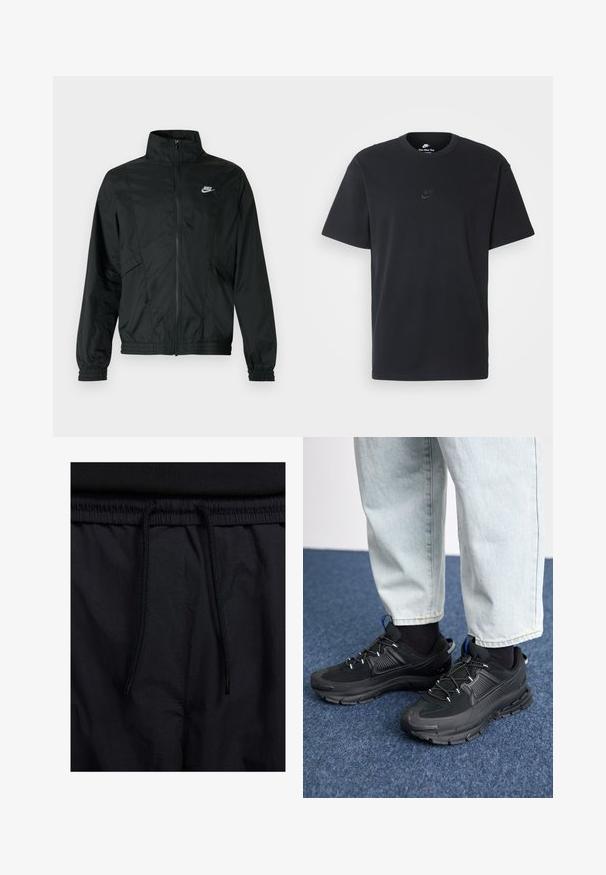 Czarna, lekka kurtka Nike na zamek z wysokim kołnierzem, elastycznymi mankietami i obszyciem oraz białym logo Nike na lewej piersi.; Czarny bawełniany t-shirt Nike z klasycznym okrągłym dekoltem, krótkimi rękawami oraz subtelnym, wytłoczonym logo na piersi. Gładka tekstura.; Czarne szorty z elastycznym paskiem na sznurku, lekkiego materiału o gładkiej fakturze oraz prostym wzornictwie bez widocznych logo czy wzorów.; Czarne buty sportowe z teksturowanej tkaniny i gumowymi podeszwami, z elastycznymi sznurówkami i niebieskim akcentem na pięcie. Noszone z jasnymi dżinsami.