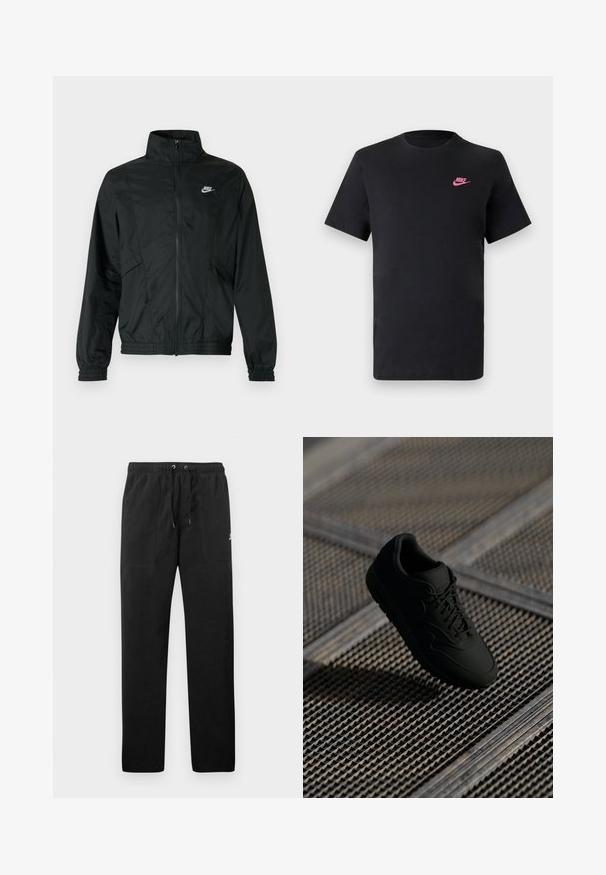 Jachetă ușoară neagră Nike cu fermoar, guler înalt, manșete și tiv elastice, și logo alb Nike pe pieptul stâng.; Tricou din bumbac negru cu decolteu rotund și mâneci scurte. Are un logo Nike roz în partea stângă sus. Textură netedă.; Pantaloni de trening negri din fleece, cu talie elastică și șnururi, două buzunare frontale și un logo mic pe coapsă.; Tenis negri cu o textură netedă, vârf rotund, sistem de șireturi în față și branding subtil. Expus pe un fundal industrial, texturat.