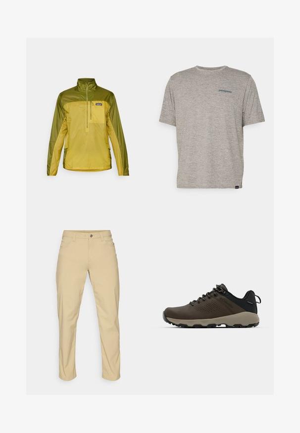 Pullover jacket in two-tone green and yellow, featuring a quarter-zip front, high collar, and side pockets. Smooth, lightweight fabric.; Gray short-sleeve t-shirt made of soft, textured fabric featuring a small blue Patagonia logo on the left chest. No additional patterns.; Patagonia QUANDARY PANTS - Outdoor trousers - classic tan; Brown waterproof sneakers with a textured upper, perforated accents, black heel support, and a grey rubber sole. Laces are styled with metallic ends.