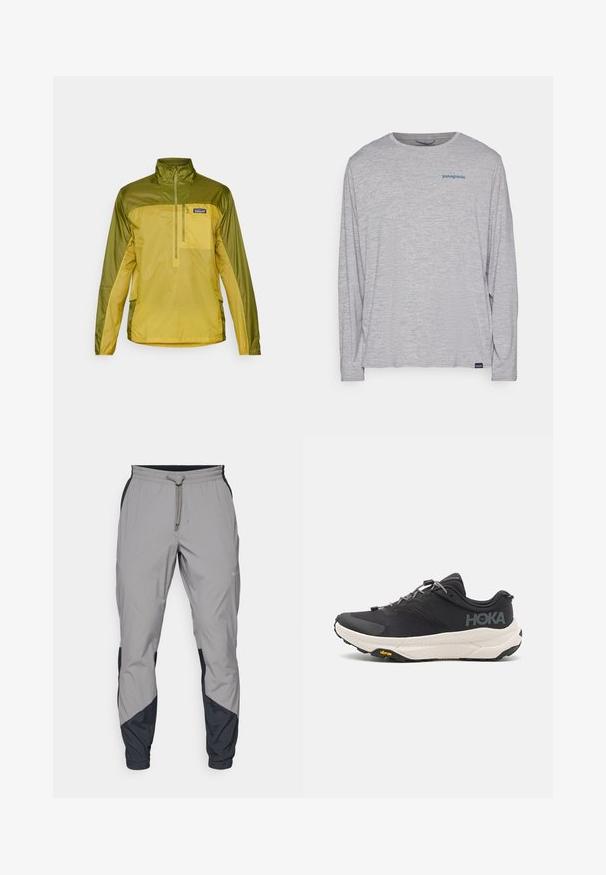 Pulover jakna u dvobojnoj kombinaciji zelene i žute boje, sa četvrtim zipom sprijeda, visokim ovratnikom i bočnim džepovima. Glatka, lagana tkanina.; Svijetlosivi dugi rukav majica od mekanog, teksturiranog materijala. Ima okrugli izrez i mali plavi Patagonia logo na prsima.; Lagane, sive atletske hlače s crnim akcentima. Elastični pojas, zatvaranje na vezicu, dizajn suženih nogavica i bočne džepove.; Crni atletski čizme s teksturiranim gornjim dijelom, sivi naglasci, reflektirajući detalji i debela bijela potplat s Vibram oznakom.