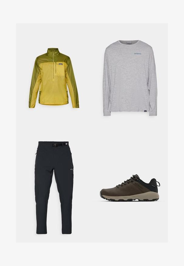 Dvivietis žalias ir geltonas megztinis su ketvirtine užtrauktuko priekiu, aukštu apykakle ir šoninėmis kišenėmis. Sklandus, lengvas audinys.; Šviesiai pilka ilgomis rankovėmis marškinėliai, pagaminti iš minkštos, tekstūruotos medžiagos. Yra apvalus kaklas ir mažas mėlynas "Patagonia" logotipas krūtinėje.; Columbia ESSENTIAL HIKE™ PANT - Lauko kelnės - black; Rudi nepralaidūs sportbačiai su tekstūruota viršutine dalimi, perforuotomis detalėmis, juodu kulno palaikymu ir pilku guminio padu. Šniūreliai yra dekoruoti metaliniais galais.