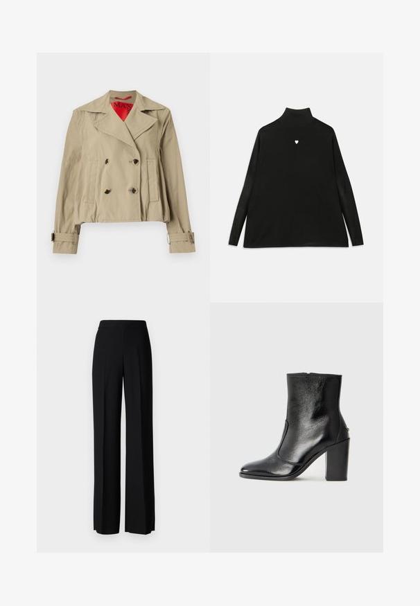 Casaco cropped bege com design de dupla abotoadura, grandes lapelas, dois bolsos frontais e punhos ajustáveis com forro vermelho.; Pulôver preto de gola alta com mangas longas, apresentando um pequeno emblema de coração branco no peito. Tecido suave e corte descontraído.; Calças largas pretas com uma textura suave, apresentando uma cintura alta e pregas centrais. Sem padrões visíveis ou detalhes em metal.; Bota ankle preta em pele com uma textura suave, bico fino e um salto alto robusto. Apresenta uma abertura lateral e um design minimalista.