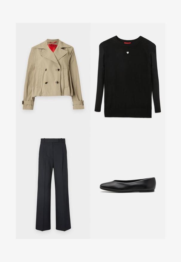 Giacca beige cropped con design doppiopetto, ampie rever, due tasche frontali e polsini regolabili con un rivestimento interno rosso.; Maglione nero lavorato a maglia con maniche lunghe, scollo a girocollo e un piccolo cuore bianco sul petto. Tessuto morbido con polsini e orlo a coste.; Pantaloni a righe blu scuro con vita alta, design a gamba larga e senza hardware o decorazioni visibili. Tessuto liscio e vestibilità sartoriale.; Paul Smith TOPANGA - Ballerine - black