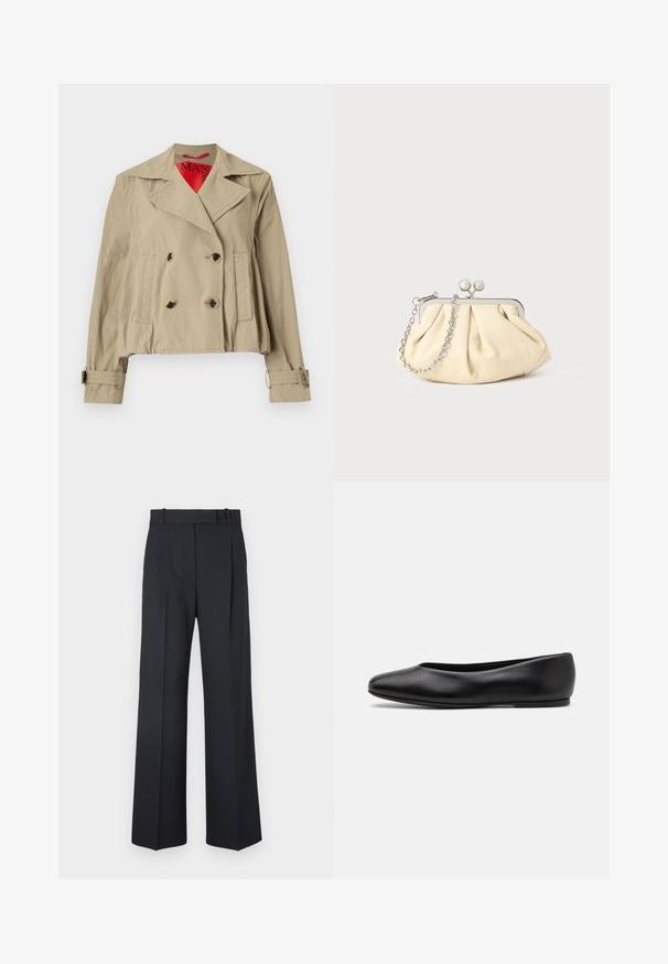 Chaqueta corta beige con diseño de doble botonadura, grandes solapas, dos bolsillos frontales y puños ajustables con un forro interior rojo.; Suéter negro de punto con mangas largas, cuello redondo y un pequeño corazón blanco en el pecho. Textura suave y puños y bajo acanalados.; Pantalones oscuros de rayas con un diseño de cintura alta y pierna ancha, sin hardware o adornos visibles. Textura suave y ajuste entallado.; Paul Smith TOPANGA - Bailarinas - black; Clutch de cuero beige plisado con un marco de metal plateado, que cuenta con dos broches decorativos redondos y una correa de cadena plateada.