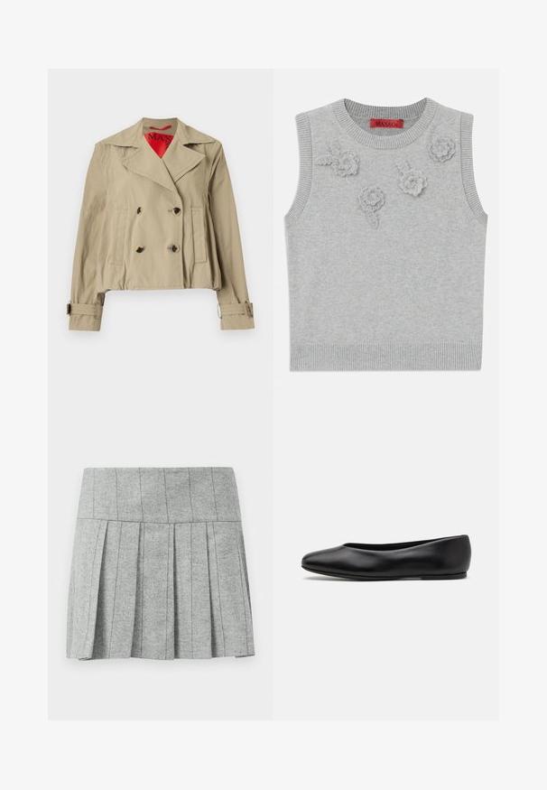 Veste beigne raccourcie avec un design croisé, grands cols, deux poches frontales et manches ajustables avec une doublure intérieure rouge.; Pull sans manches gris clair avec un col et un ourlet côtelés. Présente trois appliqués floraux texturés sur le devant. Étiquette de la marque : MAX&Co.; Jupe plissée grise en tissu à motif chevrons ; dotée d'une taille structurée et d'une coupe droite en bas.; Paul Smith TOPANGA - Ballerines - black