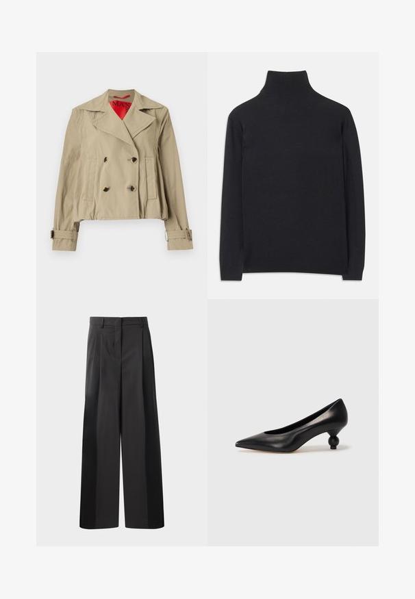 Beige ehdotettu takki, jossa on kaksirivinen suunnittelu, suuret kaulukset, kaksi etutaskua ja säädettävät hihansuut punaisella vuorella.; Musta poolkaelune sviiter, mis on valmistatud pehmest kangast. Omab pikki varrukaid, kõrget kaela ja soonikkoes mansette ning alläänt, mis tagavad keha lähedase ilme.; Mustat, leveälahkeiset housut korkealla vyötäröllä, etupleiteillä, sileällä pinnalla ja huolitellulla viimeistelyllä. Suunniteltu rentoon istuvuuteen.; Musta nahkakengät korkealla korolla, joissa on terävä kärki ja pyöreä, pallomainen korko. Sileä pinta ja tyylikäs, minimalistinen muotoilu.