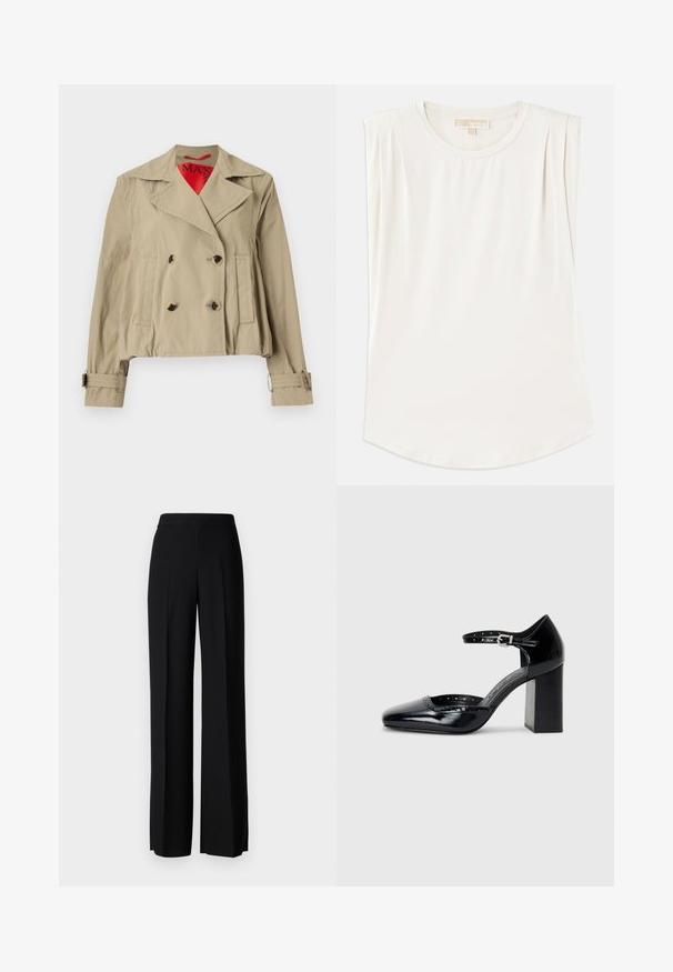 Jachetă bej scurtă cu un design cu două rânduri de nasturi, rever mari, două buzunare frontale și manșete reglabile cu căptușeală roșie.; Top alb fără mâneci dintr-un material fin, având guler rotund și pliuri subtile pe umeri, cu o linie de tiv curbată.; Pantaloni negri cu picioare largi, cu o textură netedă, având o talie înaltă și pliseuri centrale. Fără modele vizibile sau detalii de hardware.; Pantofi cu toc înalt din piele lăcuită neagră, cu vârf pătrat, curea pentru gleznă și toc gros. Include detalii perforate de-a lungul marginii.