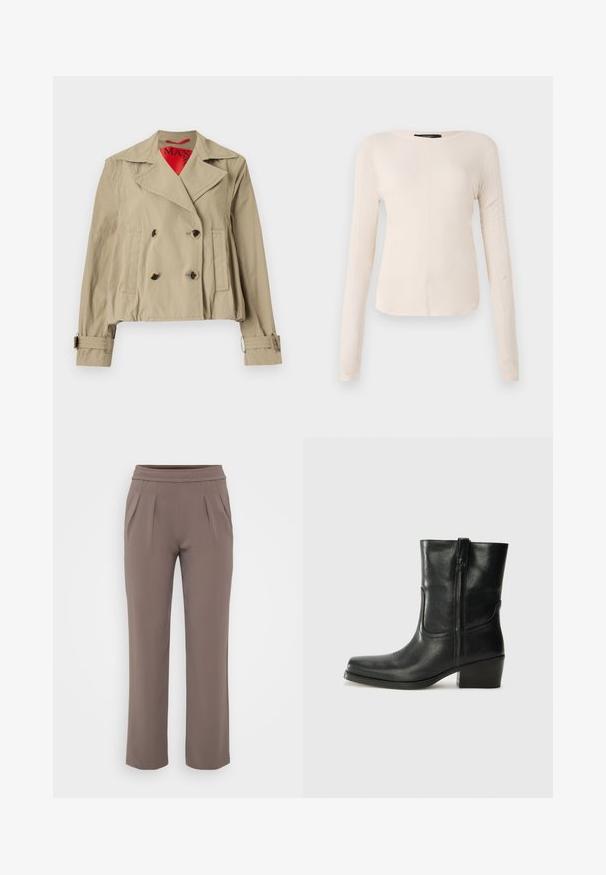 Beige zkrácená bunda s dvojitým zapínáním, velkými klopami, dvěma předními kapsami a nastavitelnými manžetami s červenou podšívkou.; Dlouhý rukáv, světle béžový top s kulatým výstřihem. Vyrobeno z jemné látky, má středový šev a mírně zaoblený lem. Bez viditelné kovové úpravy.; Taupe volné kalhoty s elastickým pasem a předními záhyby, vyrobené z hladkého materiálu.; Černá kožená kotníková bota s kulatou špičkou, blokovým podpatkem, bočním zipem a prošíváním na svršku. Hladký povrch, klasický design.