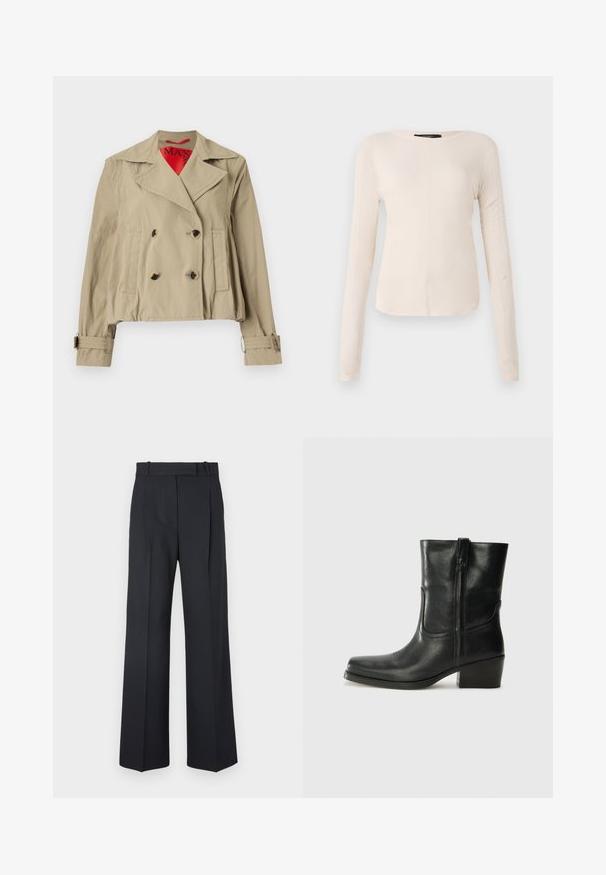 Jachetă bej scurtă cu un design cu două rânduri de nasturi, rever mari, două buzunare frontale și manșete reglabile cu căptușeală roșie.; Top cu mânecă lungă, de culoare bej deschis, cu decolteu rotund. Realizat dintr-un material moale, prezintă o cusătură centrală și un tiv ușor curbat. Fără elemente de prindere vizibile.; Pantaloni în dungi de culoare albastru închis, cu talie înaltă, design cu broek larghi și fără hardware sau embellishments vizibile. Textură netedă și croi adaptat.; Botine din piele neagră, cu vârf rotund, toc pătrat, fermoar pe lateral și accente de cusături pe partea superioară. Textură netedă, design clasic.