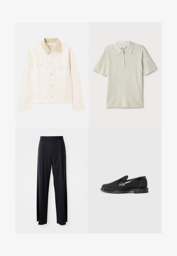 Vaaleanbeige takki, jossa on corduroy-kaulus, kaksi rintataskua, etupainike kiinnitys ja pehmeä, teksturoitu kangas.; Vaate lyhythihaisista polo-paitojen vaaleassa beige-värissä, jossa on vetoketjukaulus. Valmistettu sileästä kankaasta, yksinkertainen ja moderni malli ilman kuvioita.; Musta, korkeavyötäröinen housupari, jossa on leveä lahje, valmistettu sileästä kankaasta. Edessä on laskokset ja vyölenkit. Minimalistinen muotoilu, ei näkyvää metalliosaa.; Musta kudottu liukupohjallinen kenka, jossa on sileä nahkakorostus päällisessä, pyöreä kärki ja matala kumipohja.