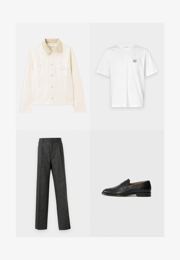 Jasnobeżowa kurtka z kołnierzem z kordurowego materiału, z dwoma kieszeniami na piersi, z przodu na guziki, wykonana z miękkiej, teksturowanej tkaniny.; Biała koszulka z bawełny z krótkimi rękawami, okrągłym dekoltem i małym szarym logo po lewej stronie klatki piersiowej. Gładka tekstura.; Szare spodnie o dopasowanym kroju wykonane z teksturowanej tkaniny, z dwoma fałdami z przodu i prostymi nogawkami. Brak widocznych kieszeni i zdobień.; Czarne skórzane mokasyny z zaokrąglonym noskiem, subtelnymi przeszyciami i niskim obcasem, charakteryzujące się gładką teksturą i minimalistycznym designem.