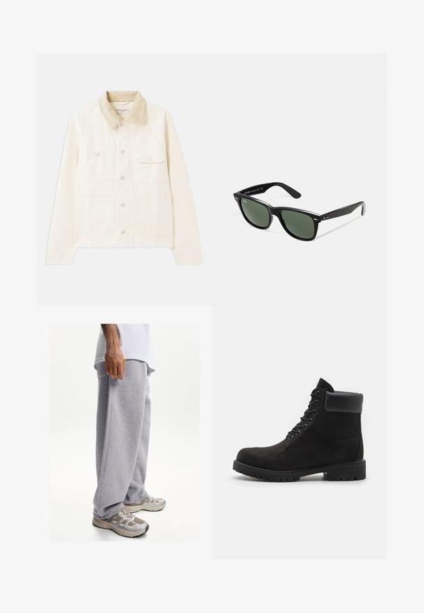 Jasnobeżowa kurtka z kołnierzem z kordurowego materiału, z dwoma kieszeniami na piersi, z przodu na guziki, wykonana z miękkiej, teksturowanej tkaniny.; Biały bawełniany t-shirt z krótkimi rękawami, okrągłym dekoltem i prostym krojem. Gładka faktura bez widocznych wzorów czy akcentów.; Szare dresy wykonane z miękkiego materiału, charakteryzujące się luźnym krojem i elastycznym paskiem w talii. Połączone z beżowymi i szarymi butami sportowymi.; Czarne botki na kostkę z wiązaniem, z wyściełanym kołnierzem i solidną podeszwą, pokazane w profilu na białym tle.; Czarne plastikowe okulary przeciwsłoneczne z zielonymi szkłami, kwadratowe oprawki, srebrny akcent na brwi oraz fakturowane ramiona temple. Nazwa marki podana na wewnętrznej stronie ramion.