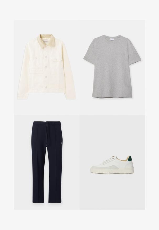 Világos bézs dzseki kordbársony gallérral, két mellzsebbel, elülső gombos záródással és puha, texturált anyaggal.; Szürke, rövid ujjú póló, puha, texturált anyagból készült. Klasszikus környakú és egyenes fazonú, alkalmas hétköznapi viseletre.; Tengerészekhez hasonló, lazán szabott nadrág, állítható derékmegoldással és oldalsó zsebekkel. Simaság és diszkrét elülső redők jellemzik, valamint logó részlettel rendelkezik.; Fehér sneaker suédé részletekkel, kerek orral, lapos fűzőkkel és krémszínű gumitalppal. Zöld logó található a sarkán.