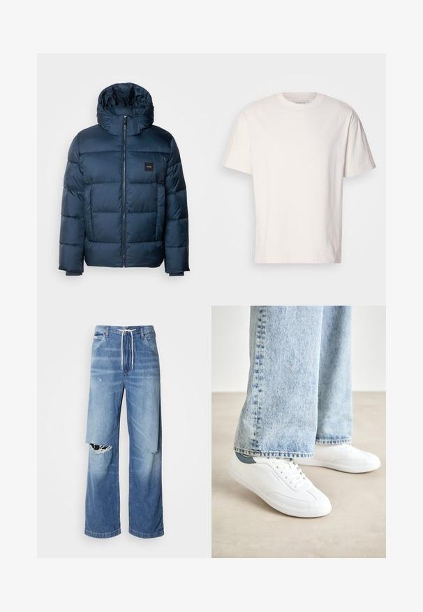 Tengerés kék puffjakó kapucnival, zipzárral és négyzet alakú logóval a bal mellrészen. Tűzött dizájn és sima textúra.; Krém színű pamut póló kerek nyakkal. Rövid ujjak és laza szabás. A nyakrészen egy kis logó található. Sima textúra.; Világoskék farmernadrág laza szabással, fehér húzózsinóros derékpánttal, a elején jellegzetes szakításokkal, amelyeken cérnával szelektált szélek láthatók.; Fehér sportcipők sima anyagból, fűzős kialakítással, texturált gumitalppal és türkiz színű akcentussal a sarkán, világoskék farmernadrággal párosítva.