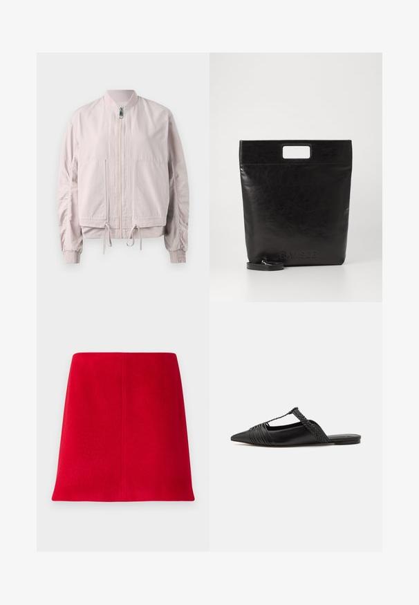 Casaco bomber rosa claro com fecho à frente, punhos elásticos, dois bolsos frontais e bainha ajustável. Textura suave com detalhes de mangas franzidas.; Camisa branca de manga longa com colarinho feita de algodão. Apresenta uma parte frontal com botões e um único bolso no peito. Textura suave, corte descontraído.; Mini saia vermelha feita de tecido texturizado com corte reto. O design apresenta uma frente sem costuras e linhas limpas sem embellishments.; Sapatilha slingback em couro preto com bico pontudo, apresentando um detalhe trançado e um design superior plissado. Sola plana com hardware mínimo.; Saco tote de couro preto com uma pega quadrada, apresentando um acabamento texturizado e logotipo em relevo. Inclui uma alça destacável.