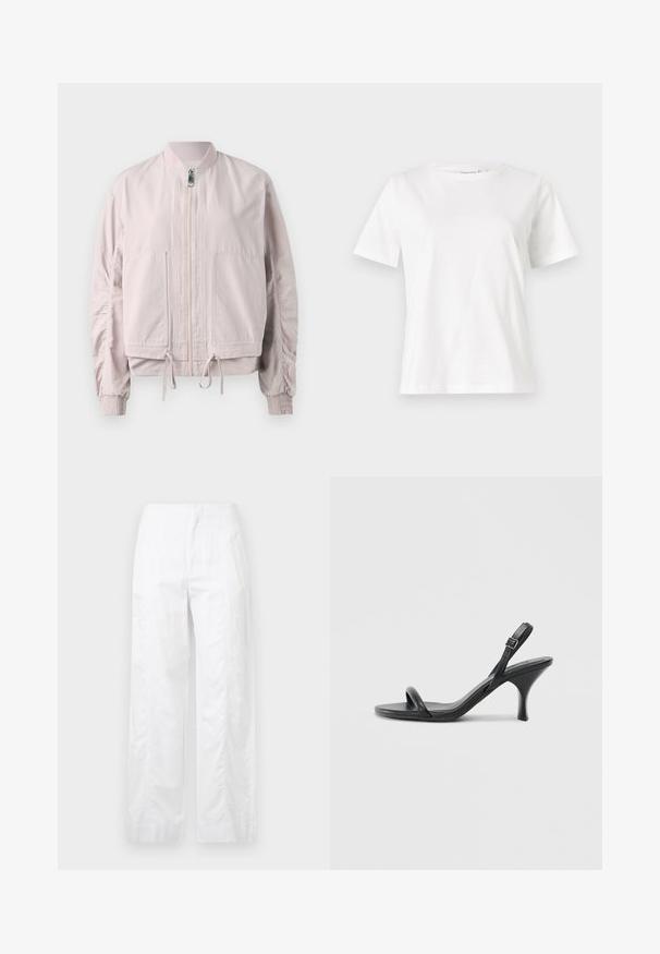 Casaco bomber rosa claro com fecho à frente, punhos elásticos, dois bolsos frontais e bainha ajustável. Textura suave com detalhes de mangas franzidas.; T-shirt de algodão branco com mangas curtas, decote redondo e um corte descontraído. Textura suave, sem padrões ou detalhes, design minimalista.; Calças brancas de perna larga feitas de um tecido leve, com uma textura suave, linhas limpas e um design de cintura alta.; Sandálias de salto alto em couro preto com um salto curvado e fino e um design de tiras cruzadas. Correia ajustável no tornozelo. Textura suave.